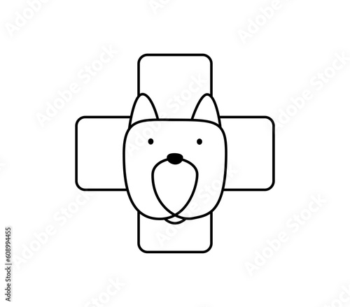 Veterinarian clinic. dog and cross monoline logo vector icon. Vet hospital for animals. Dogs or cats treatment. Kitty and puppy on veterinary reception desk. Medicine for pets