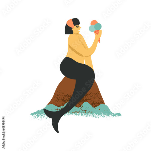 Cute pin-up retro style young mermaid sitting on a rock and eating an ice cream cone, enjoying summer dessert.
