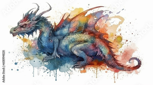 A watercolor painting of a dragon with a rainbow colored tail.generative ai