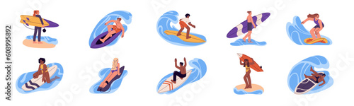 People surfing on water waves, standing on board. Active men, women riding surfboards on summer holidays, vacation at sea resort. Flat graphic vector illustrations isolated on white background
