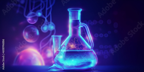 Chemical Flask Experiment in a Modern Chemistry Lab background of neon lights