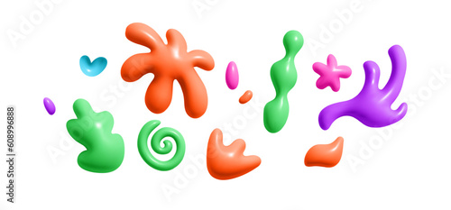 3d kid doodle graphic element. Render color abstract liguid plan shape. Cute flower shape, squiggle ,doodle in trendy moden style. Vector cartoon illustration photo