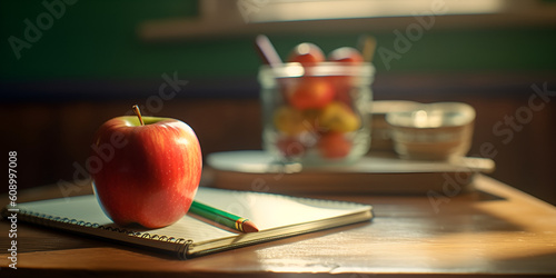 Apple and Pencil on Desk - Creative Workspace Concept