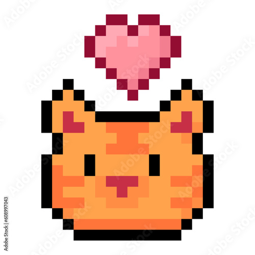 Orange tabby cat with black outline heart love icon in pixel art style  (ID: 608997043)