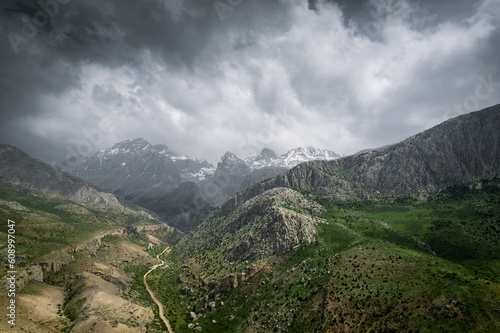 Aladaglar General view during spring, green grass and snowy peaks, mountain range in central anatolia