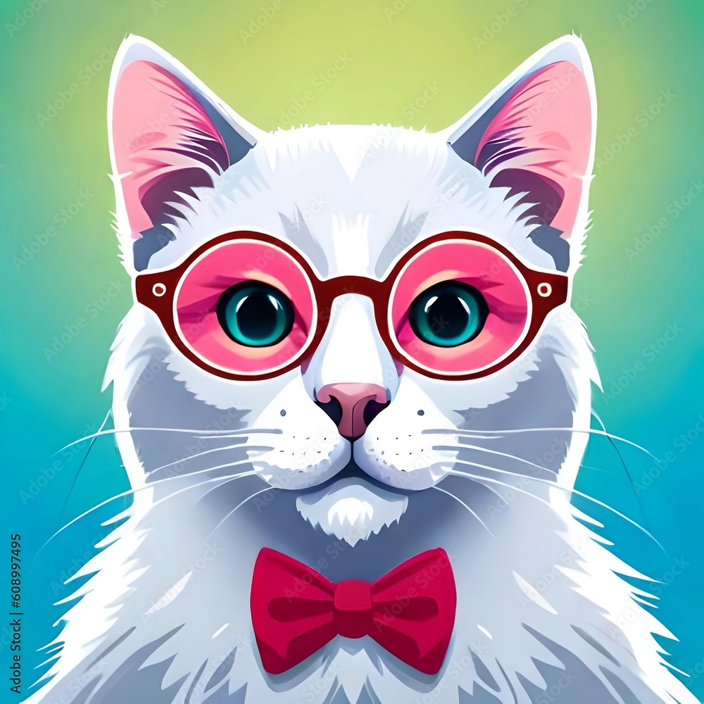 Cute Cat, Cat in Glasses, Cat with bow, White Cat ,AI Art. Generated AI