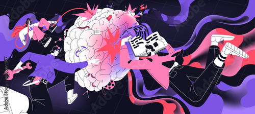 Brain work, mind development and training, memory concept. Intelligence, education, knowledge and learning process, cognitive skills. Data and information consumption. Flat vector illustration