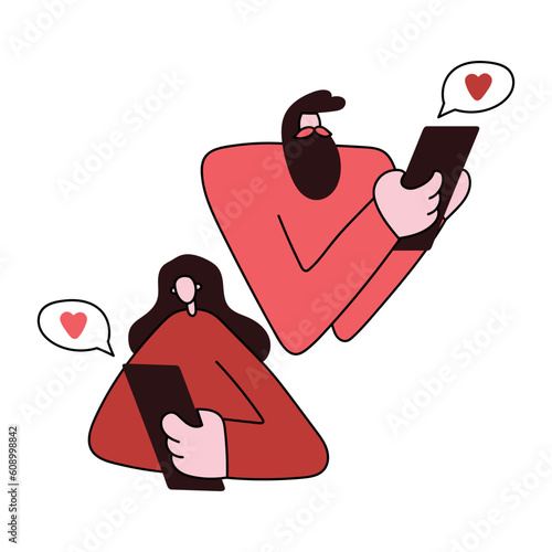 Vector flat illustration with woman and man with device. Romantic couple sends messages on smartphone. Valentine's Day, romantic, love and relationships. Character in trendy flat outline style