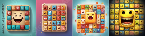 The colorful and playful icons representing a fun mobile game include scrabble style tiles with happy faces to add uniqueness, some of the tiles are shown flying off the board. photo