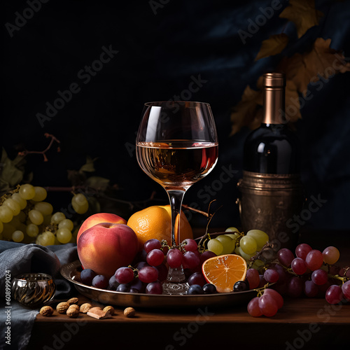 Wine and grapes on the table. Illustration. Ai generation.