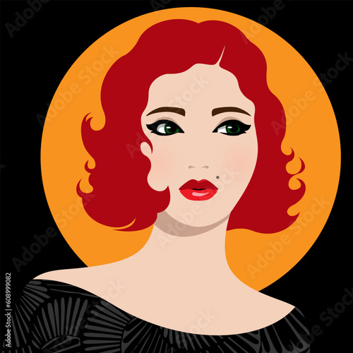 1390_Beautiful redhead woman wearing black dress with pattern