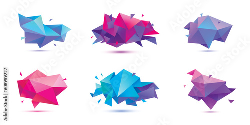 Vector set of abstract facet 3d shapes, geometric banners. Low poly triangle posters, polygon modern concept backgrounds.