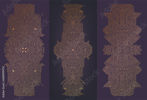Vector set of art deco design elements, labels and frames for luxury products, golden linear fancy backagrounds, vintage style, posters, prints, wedding invitation, covers.