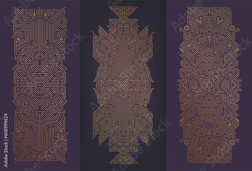Vector set of art deco design elements, labels and frames for luxury products, golden linear fancy backagrounds, vintage style, posters, prints, wedding invitation, covers.
