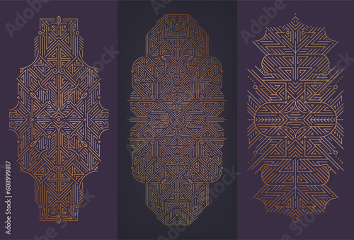 Vector set of art deco design elements, labels and frames for luxury products, golden linear fancy backagrounds, vintage style, posters, prints, wedding invitation, covers.