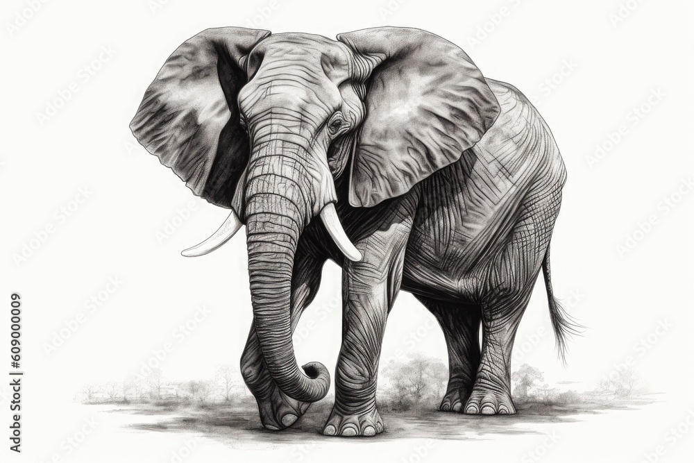 Large African elephant on a white background, pencil drawing. Generative ai.