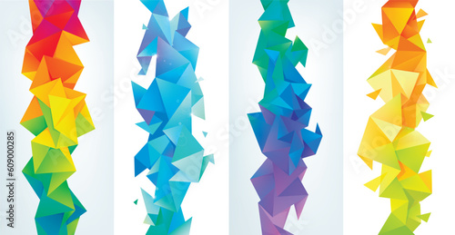 Vector set of blue, yellow colorful abstract facet, low poly geometric triangle backgrounds. 3d crystal colorful shapes, banners, vertical orientation.