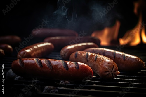 Fresh barbecued sausages on the grill. Generative ai.