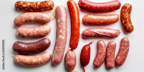 A set of appetizing sausages on a white background. Generative ai.