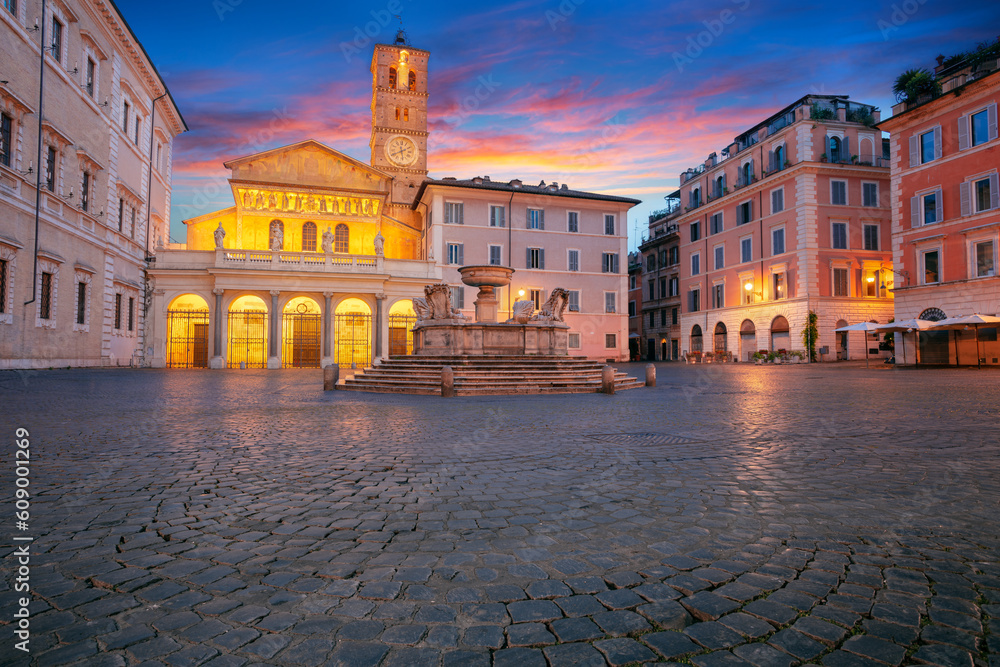 Rome, Italy. Cityscape image of Rome, Italy with Piazza Santa Maria in Trastevere at sunset.