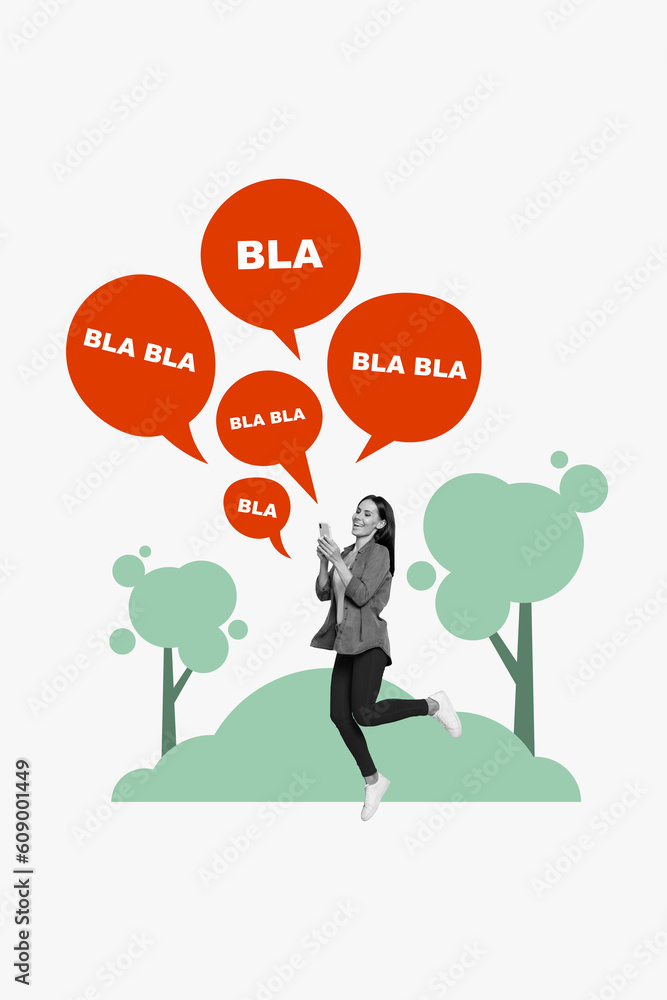 Creative artwork template collage of excited smiling lady getting annoying messages modern device isolated painting background Creative artwork template collage of excited smiling lady getting annoying messages modern device isolated painting background