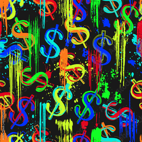 Money neon pattern with US dollar sign. Background with paint brush strokes, smudges, blots, splattered paint of fluorescent colors. For sports goods, prints, vinyl wrap. Pop art style