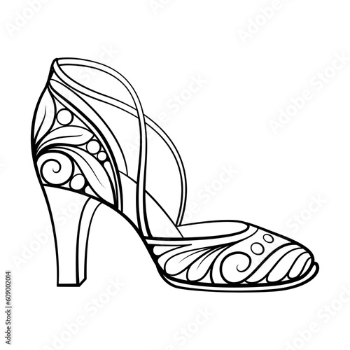 Black and white high heel shoes doodle style illustration. Fashion antistress coloring page.