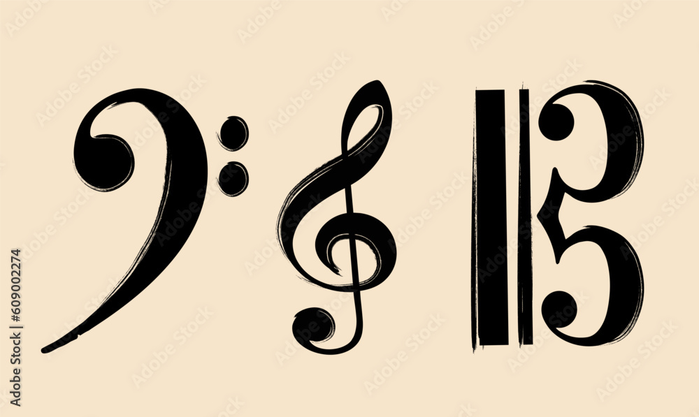 Illustration of a bass F-clef, treble G-clef, alto C-clef. Signs of musical alliteration. Elements for design. Symbols of a musical staff clefs