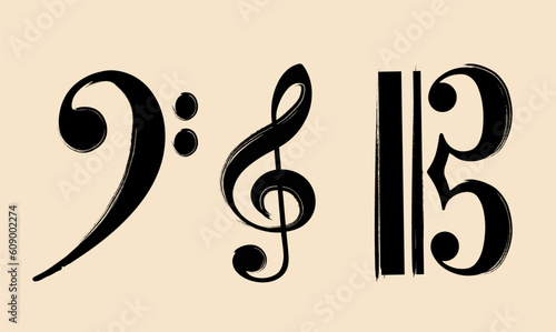 Illustration of a bass F-clef, treble G-clef, alto C-clef. Signs of musical alliteration. Elements for design. Symbols of a musical staff clefs