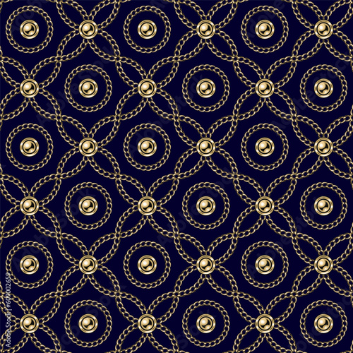 Jewelry pattern with intertwined gold realistic chains, circles, beads. Tiled geometric seamless background. Classic elegance design.