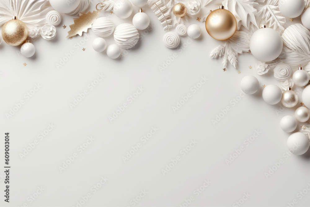 Christmas or New card with white ornaments on white background Generative AI Christmas or New card with white ornaments on white background Generative AI