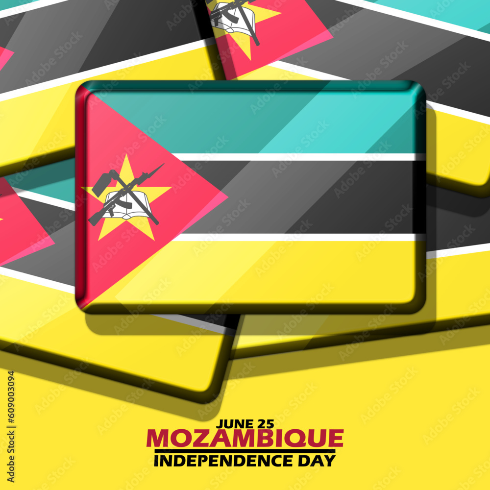 Stack of Mozambique flag and bold text on yellow background to commemorate Mozambique Independence Day on June 25 Stack of Mozambique flag and bold text on yellow background to commemorate Mozambique Independence Day on June 25