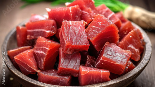 Fresh raw diced tuna in a bowl, generative ai photo