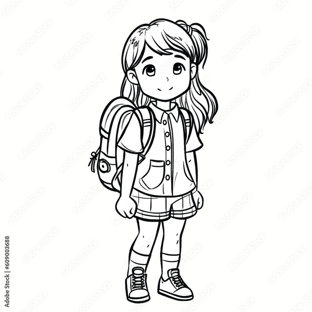 Fun Kids Coloring Page: Simple Black and White School Girl Illustration Fun Kids Coloring Page: Simple Black and White School Girl Illustration
