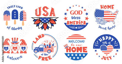 Patriotic round sign with quotes. Set of 4th of july symbols or emblem designs. Holiday illustration for badges and cards. Independence day design.