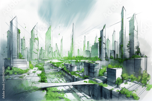 Sketch of a futuristic Sustainable City made with Generative AI photo