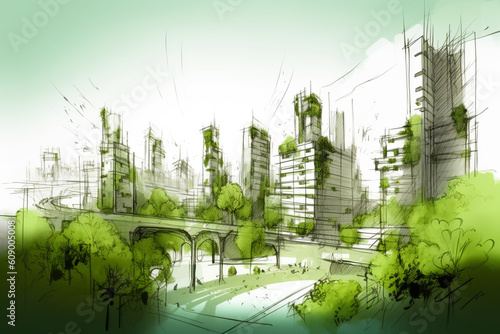 Sketch of a futuristic Sustainable City made with Generative AI photo