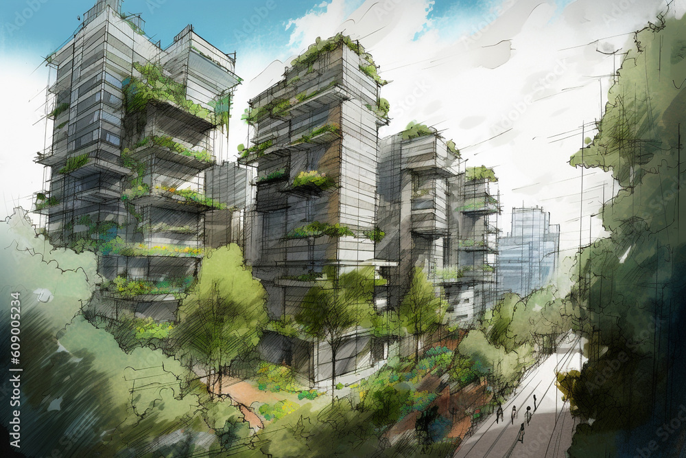 Sketch of a Sustainable Residential Complex: Rooftop Gardens and Vertical Greenery made with Generative AI