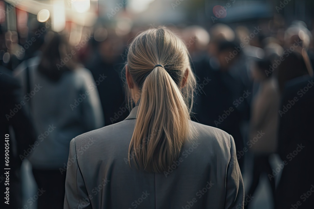 Fototapeta premium Professional Businesswoman in the Crowd. Businesspeople in Urban Motion in Blurred city Background.