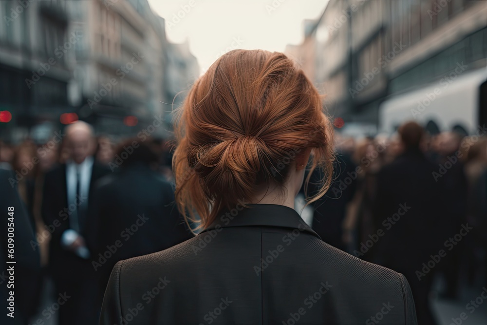 Fototapeta premium Professional Businesswoman in the Crowd. Businesspeople in Urban Motion in Blurred city Background.