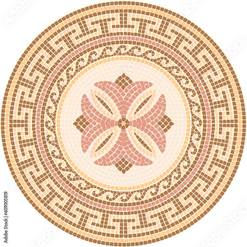 Mosaic circular ornament in pink, beige and brown colors. For ceramics, tiles, ornaments, backgrounds and other projects.