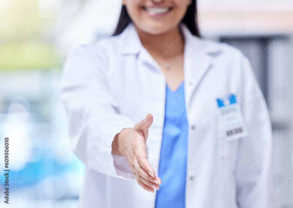 Doctor, open hand shake and woman with welcome, respect or greeting in hospital, hiring and smile. Female medic, handshake and kindness for partnership, recruitment or agreement in clinic office - obrazy, fototapety, plakaty 