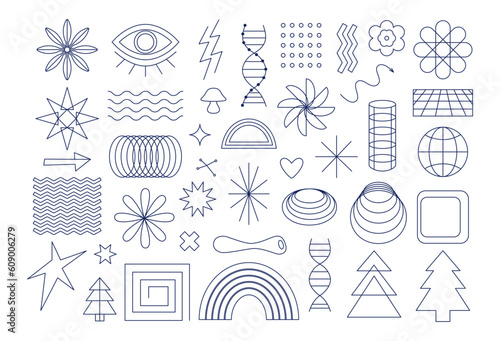 Set of modern playful geometric shapes. Trendy groovy geometry. Minimalist abstract brutalist graphic elements. Line art, frames, flowers, figures. 90s, Y2k, hi-tech. Retro vintage concept.