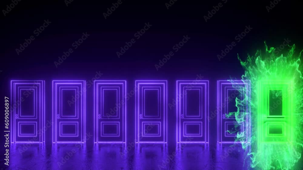 Seven abstract purple doors. The door flashes green and opens. Flight