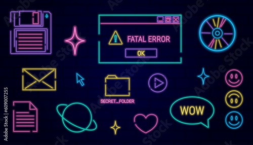 y2k trendy set of objects, old computer interface, retro pc elements, 1990s 2000s style, old phone, neon light, cd disk, heart, star, mail, nostalgia, vector illustration