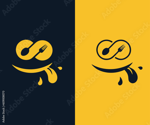 Food logo: Yummy Smile Delicious Face. Label for food company and grocery store logo. Vector illustration with a smiling mouth. Also, a restaurant logo.