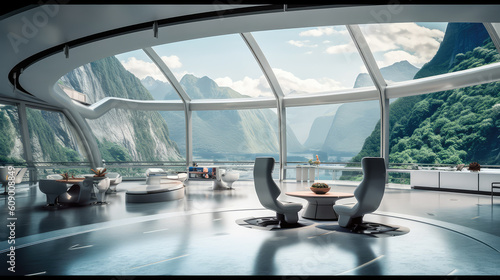 Generative ai illustration of sci-fi futuristic interior design with large windows
