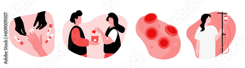 A set of illustrations on the topic of blood donation. Donate blood, save a life. June 14th. Blood type. World Blood Donor Day. Vector illustration
