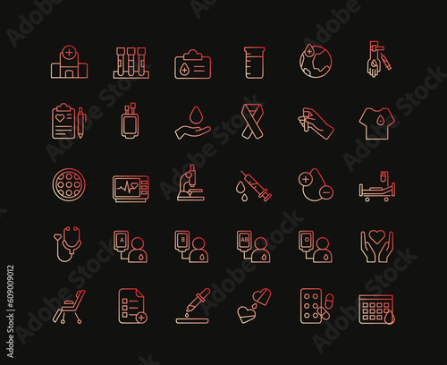 Set of medical icons showing medical and laboratory research, hypodermic injections, cardiology, blood circulation, DNA and diagrams, on a dark background