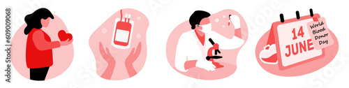 A set of illustrations on the topic of blood donation. Donate blood, save a life. June 14th. Blood type. World Blood Donor Day. Vector illustration
